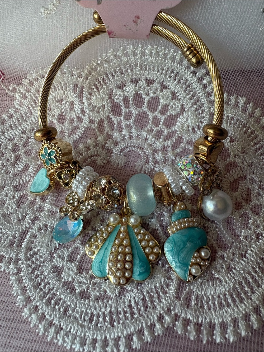 Gold-Tone Turquoise Pearl Charm Bracelet – Women Jewelry